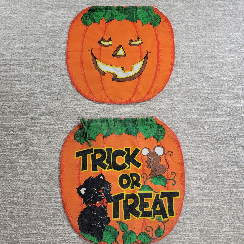 VTG Handmade Trick or Treat Bag Drawstring 15" Orange Black Cat Halloween Candy